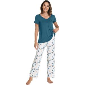 imageWiWi Viscose from Bamboo Pajama Sets for Women Soft Pjs Loungewear Short Sleeve Top with Pants Sleepwear Pajamas SXXLAwhiteGreen Dots