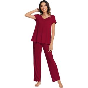 imageWiWi Viscose from Bamboo Pajama Sets for Women Soft Pjs Loungewear Short Sleeve Top with Pants Sleepwear Pajamas SXXLAwine Red