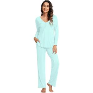 imageWiWi Viscose from Bamboo Pajama Sets for Women Soft Pjs Loungewear Short Sleeve Top with Pants Sleepwear Pajamas SXXLBaqua