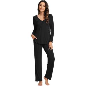 imageWiWi Viscose from Bamboo Pajama Sets for Women Soft Pjs Loungewear Short Sleeve Top with Pants Sleepwear Pajamas SXXLBblack