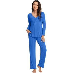 imageWiWi Viscose from Bamboo Pajama Sets for Women Soft Pjs Loungewear Short Sleeve Top with Pants Sleepwear Pajamas SXXLBbright Blue