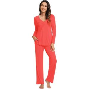 imageWiWi Viscose from Bamboo Pajama Sets for Women Soft Pjs Loungewear Short Sleeve Top with Pants Sleepwear Pajamas SXXLBcoral