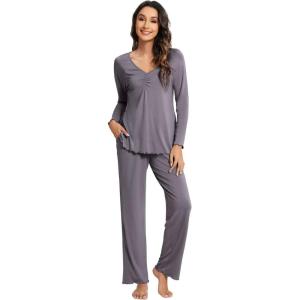 imageWiWi Viscose from Bamboo Pajama Sets for Women Soft Pjs Loungewear Short Sleeve Top with Pants Sleepwear Pajamas SXXLBdark Grey