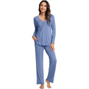 imageWiWi Viscose from Bamboo Pajama Sets for Women Soft Pjs Loungewear Short Sleeve Top with Pants Sleepwear Pajamas SXXLBfog Blue