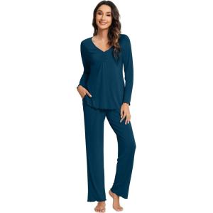 imageWiWi Viscose from Bamboo Pajama Sets for Women Soft Pjs Loungewear Short Sleeve Top with Pants Sleepwear Pajamas SXXLBink Blue