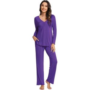 imageWiWi Viscose from Bamboo Pajama Sets for Women Soft Pjs Loungewear Short Sleeve Top with Pants Sleepwear Pajamas SXXLBlilac