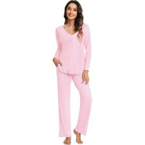 imageWiWi Viscose from Bamboo Pajama Sets for Women Soft Pjs Loungewear Short Sleeve Top with Pants Sleepwear Pajamas SXXLBpink