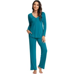 imageWiWi Viscose from Bamboo Pajama Sets for Women Soft Pjs Loungewear Short Sleeve Top with Pants Sleepwear Pajamas SXXLBteal Blue