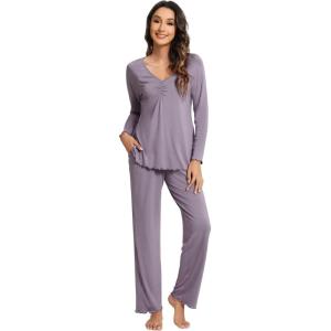 imageWiWi Viscose from Bamboo Pajama Sets for Women Soft Pjs Loungewear Short Sleeve Top with Pants Sleepwear Pajamas SXXLBviolet