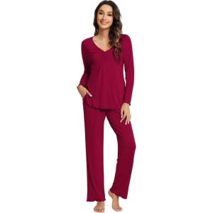 imageWiWi Viscose from Bamboo Pajama Sets for Women Soft Pjs Loungewear Short Sleeve Top with Pants Sleepwear Pajamas SXXLBwine