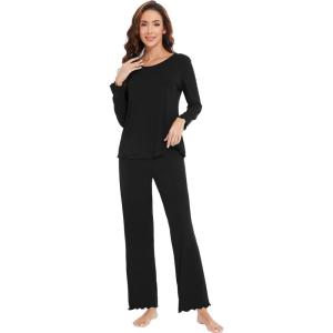 imageWiWi Viscose from Bamboo Pajama Sets for Women Soft Pjs Loungewear Short Sleeve Top with Pants Sleepwear Pajamas SXXLCblack