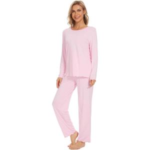 imageWiWi Viscose from Bamboo Pajama Sets for Women Soft Pjs Loungewear Short Sleeve Top with Pants Sleepwear Pajamas SXXLCpink