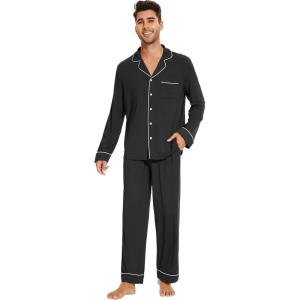 imageWiWi Mens Pajama Set Soft Sleepwear Button Down Pajamas Sets Classic Notch Collar Loungewear Viscose from Bamboo Pjs SXXLAblack