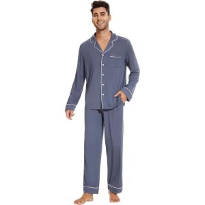 imageWiWi Mens Pajama Set Soft Sleepwear Button Down Pajamas Sets Classic Notch Collar Loungewear Viscose from Bamboo Pjs SXXLAblue