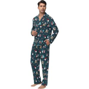 imageWiWi Mens Pajama Set Soft Sleepwear Button Down Pajamas Sets Classic Notch Collar Loungewear Viscose from Bamboo Pjs SXXLAchristmas Elk on Green