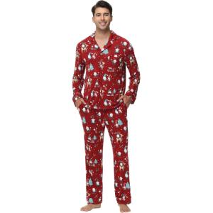 imageWiWi Mens Pajama Set Soft Sleepwear Button Down Pajamas Sets Classic Notch Collar Loungewear Viscose from Bamboo Pjs SXXLAchristmas Elk on Red