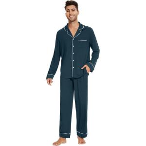 imageWiWi Mens Pajama Set Soft Sleepwear Button Down Pajamas Sets Classic Notch Collar Loungewear Viscose from Bamboo Pjs SXXLAdeep Teal