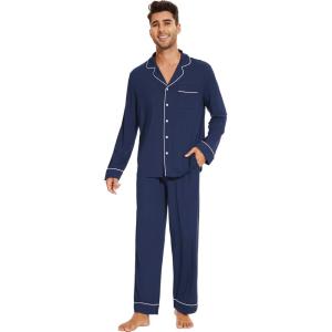 imageWiWi Mens Pajama Set Soft Sleepwear Button Down Pajamas Sets Classic Notch Collar Loungewear Viscose from Bamboo Pjs SXXLAnavy