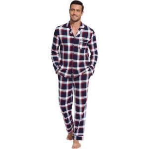imageWiWi Mens Pajama Set Soft Sleepwear Button Down Pajamas Sets Classic Notch Collar Loungewear Viscose from Bamboo Pjs SXXLAnavyRed Stripe Plaid