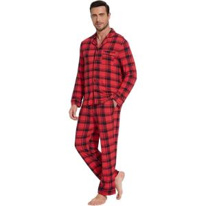 imageWiWi Mens Pajama Set Soft Sleepwear Button Down Pajamas Sets Classic Notch Collar Loungewear Viscose from Bamboo Pjs SXXLAred Plaid