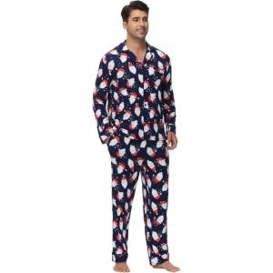 imageWiWi Mens Pajama Set Soft Sleepwear Button Down Pajamas Sets Classic Notch Collar Loungewear Viscose from Bamboo Pjs SXXLAsanta Claus on Navy