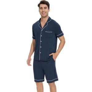 imageWiWi Mens Pajama Set Soft Sleepwear Button Down Pajamas Sets Classic Notch Collar Loungewear Viscose from Bamboo Pjs SXXLBdark Blue