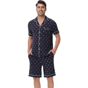 imageWiWi Mens Pajama Set Soft Sleepwear Button Down Pajamas Sets Classic Notch Collar Loungewear Viscose from Bamboo Pjs SXXLBdeer on Navy