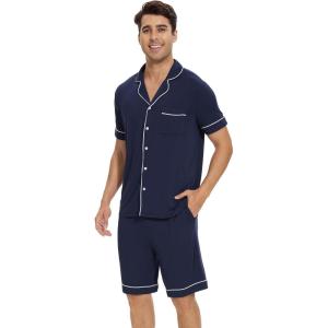 imageWiWi Mens Pajama Set Soft Sleepwear Button Down Pajamas Sets Classic Notch Collar Loungewear Viscose from Bamboo Pjs SXXLBnavy
