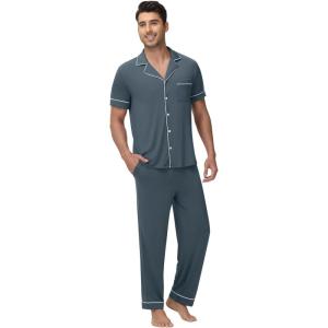 imageWiWi Mens Pajama Set Soft Sleepwear Button Down Pajamas Sets Classic Notch Collar Loungewear Viscose from Bamboo Pjs SXXLCgrayish Blue