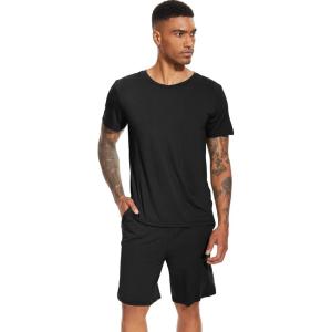 imageWiWi Mens Pajamas Set Soft Short Sleeve Pj Sleepwear Top and Shorts Pajama Sets LoungewearViscose from Bamboo S3XAblack