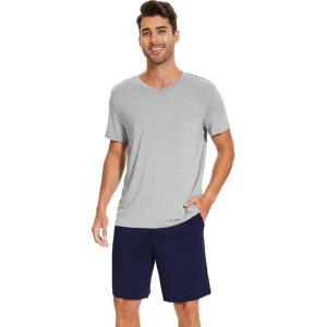 imageWiWi Mens Pajamas Set Soft Short Sleeve Pj Sleepwear Top and Shorts Pajama Sets LoungewearViscose from Bamboo S3XAheather Grey  Navy