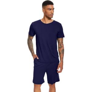 imageWiWi Mens Pajamas Set Soft Short Sleeve Pj Sleepwear Top and Shorts Pajama Sets LoungewearViscose from Bamboo S3XAnavy