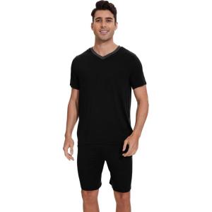 imageWiWi Mens Pajamas Set Soft Short Sleeve Pj Sleepwear Top and Shorts Pajama Sets LoungewearViscose from Bamboo S3XBblack