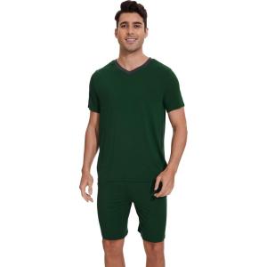 imageWiWi Mens Pajamas Set Soft Short Sleeve Pj Sleepwear Top and Shorts Pajama Sets LoungewearViscose from Bamboo S3XBdeep Green