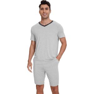 imageWiWi Mens Pajamas Set Soft Short Sleeve Pj Sleepwear Top and Shorts Pajama Sets LoungewearViscose from Bamboo S3XBlight Heather Grey
