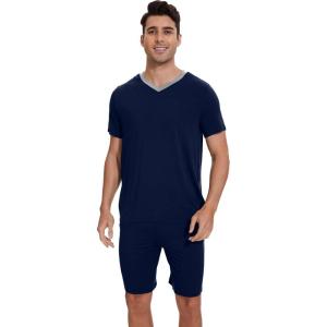 imageWiWi Mens Pajamas Set Soft Short Sleeve Pj Sleepwear Top and Shorts Pajama Sets LoungewearViscose from Bamboo S3XBnavy