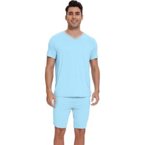 imageWiWi Mens Pajamas Set Soft Short Sleeve Pj Sleepwear Top and Shorts Pajama Sets LoungewearViscose from Bamboo S3XBpale Blue