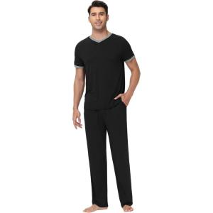 imageWiWi Mens Pajamas Set Viscose from Bamboo Short Sleeve Sleepwear Knit Nightwear 2 Pieces Loungewear Sets SXXLBlack