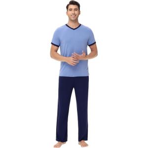 imageWiWi Mens Pajamas Set Viscose from Bamboo Short Sleeve Sleepwear Knit Nightwear 2 Pieces Loungewear Sets SXXLFog Blue