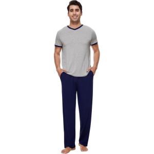 imageWiWi Mens Pajamas Set Viscose from Bamboo Short Sleeve Sleepwear Knit Nightwear 2 Pieces Loungewear Sets SXXLLight Heather Grey