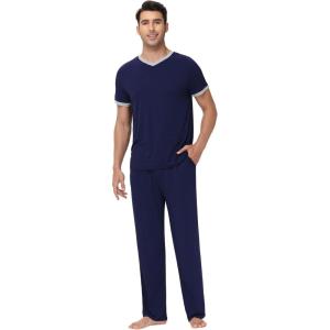 imageWiWi Mens Pajamas Set Viscose from Bamboo Short Sleeve Sleepwear Knit Nightwear 2 Pieces Loungewear Sets SXXLNavy