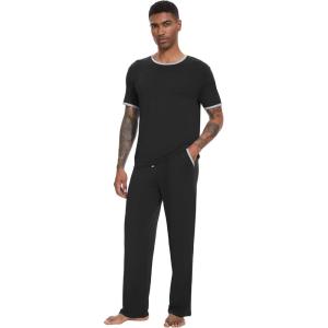 imageWiWi Mens Short Sleeve Pajamas Set Sleepwear Casual Soft Sleep Sets with Pockets Loungewear Viscose from Bamboo SXXLBblack