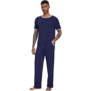 imageWiWi Mens Short Sleeve Pajamas Set Sleepwear Casual Soft Sleep Sets with Pockets Loungewear Viscose from Bamboo SXXLBnavy