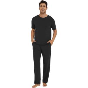 imageWiWi Mens Short Sleeve Pajamas Set Sleepwear Casual Soft Sleep Sets with Pockets Loungewear Viscose from Bamboo SXXLCblack