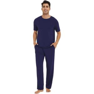 imageWiWi Mens Short Sleeve Pajamas Set Sleepwear Casual Soft Sleep Sets with Pockets Loungewear Viscose from Bamboo SXXLCnavy