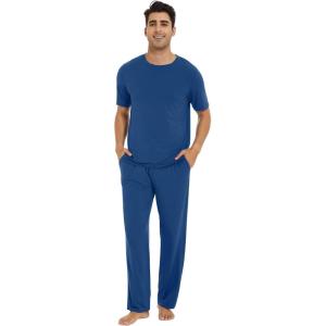 imageWiWi Mens Short Sleeve Pajamas Set Sleepwear Casual Soft Sleep Sets with Pockets Loungewear Viscose from Bamboo SXXLCprussian Blue