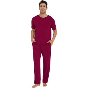 imageWiWi Mens Short Sleeve Pajamas Set Sleepwear Casual Soft Sleep Sets with Pockets Loungewear Viscose from Bamboo SXXLCwine