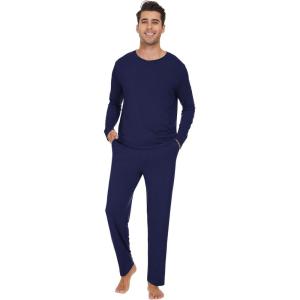 imageWiWi Mens Viscose from Bamboo Pajama Sets Long Sleeve Top and Pants Sleepwear Comfy Lightweight Loungewear Set SXXLBnavy