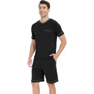 imageWiWi Viscose from Bamboo Loose Comfy Pajamas Set for Men Soft Summer Short Sleeve Sleepwear SXXLBlack