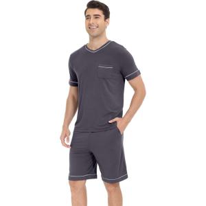 imageWiWi Viscose from Bamboo Loose Comfy Pajamas Set for Men Soft Summer Short Sleeve Sleepwear SXXLDark Grey